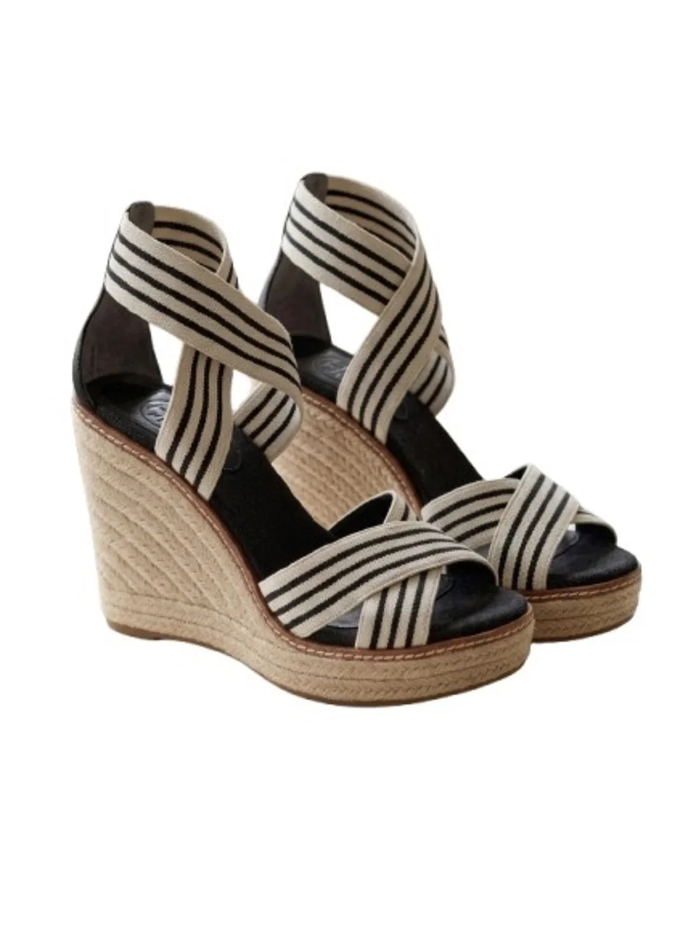 Tory Burch Frieda Espadrille Wedge Sandals Black White Striped Women's Size 7.5
